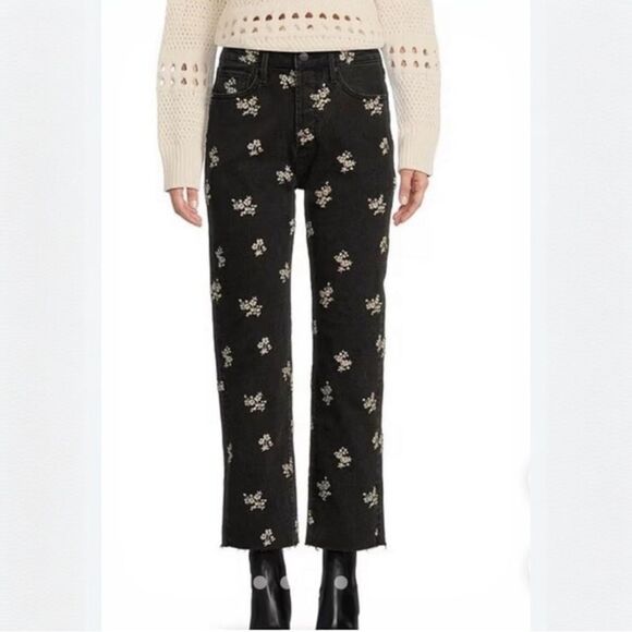 Driftwood Jeans Black Royce Clover Embroidered Button fly Raw Hem 32x26 NWT - Picture 3 of 10
